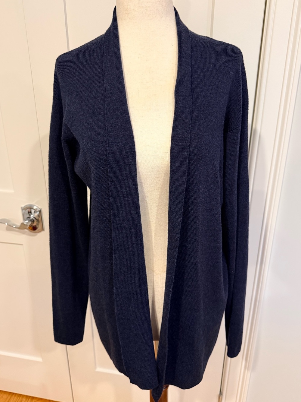 Eileen Fisher Navy Open-Front Long Merino Wool Cardigan - Picture 3 of 15